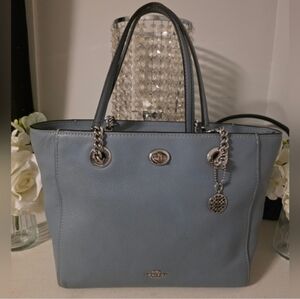 Coach Blue Leather Tote with Silver Details